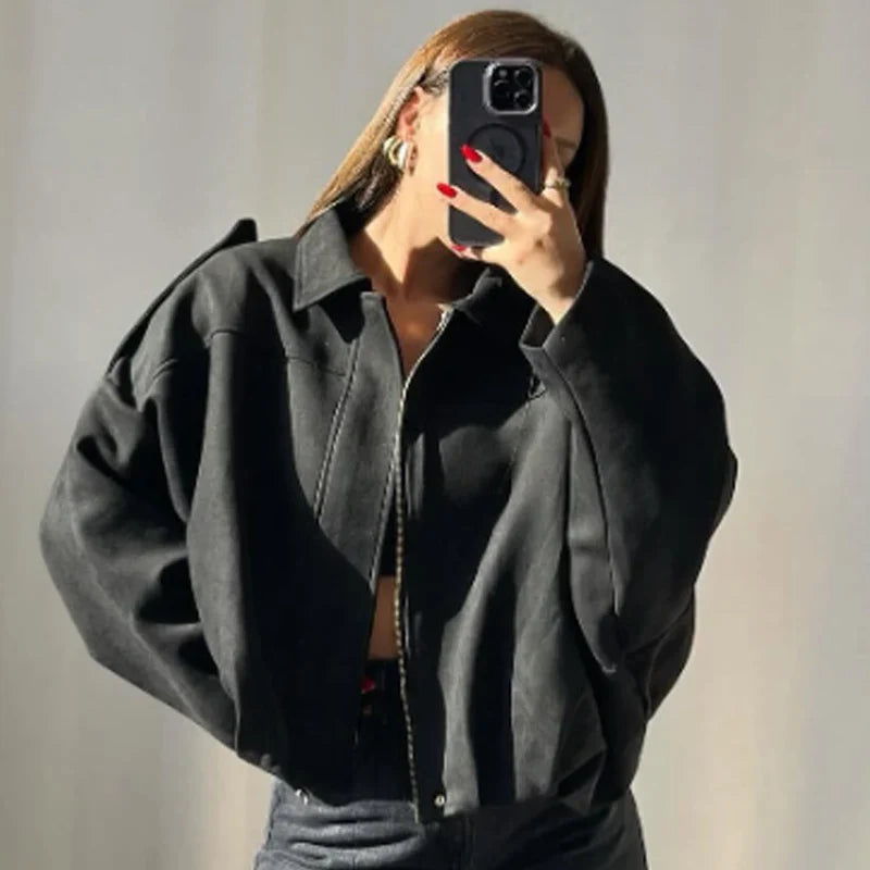 HXAO Suede Cropped Jacket Women's Bomber Jacket Oversized Batwing Sleeves Outerwears Lady Casual Loose Coat Street Style Jackets