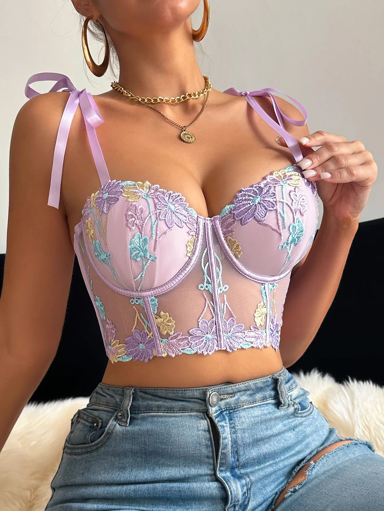 1/2 Cup Women's Lace Spliced Embroidery Floral Sexy Bras Sheer Mesh Corset Top with Tie Straps Women's Bra