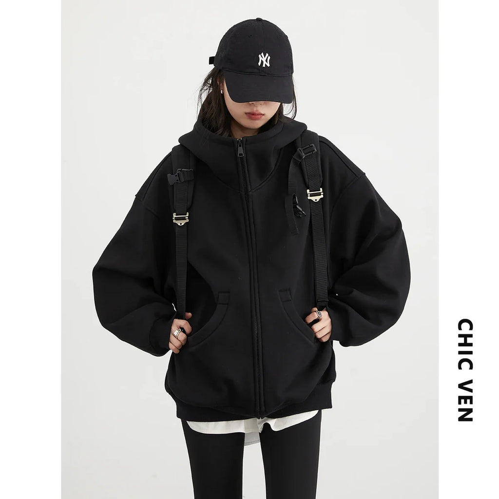 CHIC VEN Women Sweatshirts Loose Casual Hooded Long Sleeves with Plush Sweater Double Zipper Oversize Coat Spring Autumn 2026