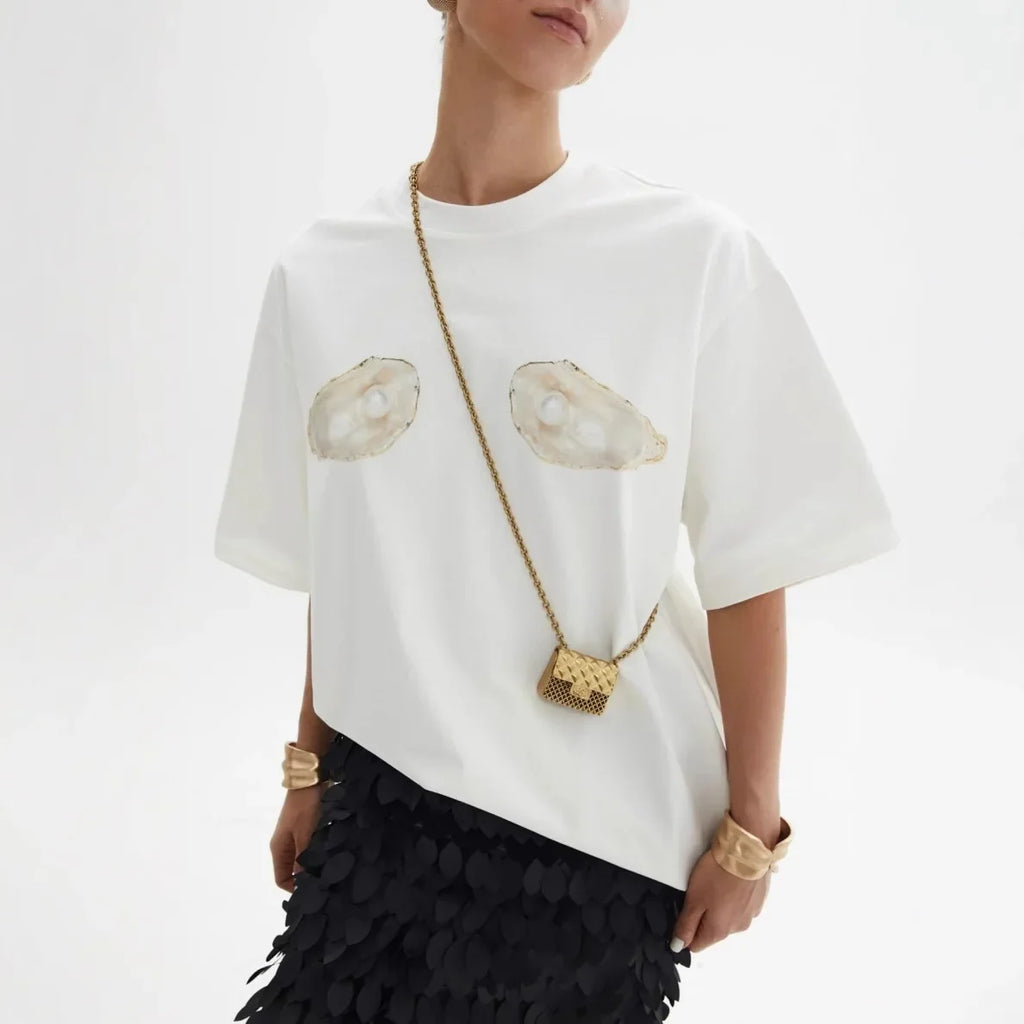 Summer Russian Street Y2k Shell Printed Short-sleeved T-shirt Women Casual American Round Neck Comfortable Half-sleeved T-shirt