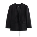 KONDALA Casual Oversized Black Blazer Women V Neck Bow Tie Pockets Loose Jackets Fashion 2025 Fall Streetwear Women Outwears