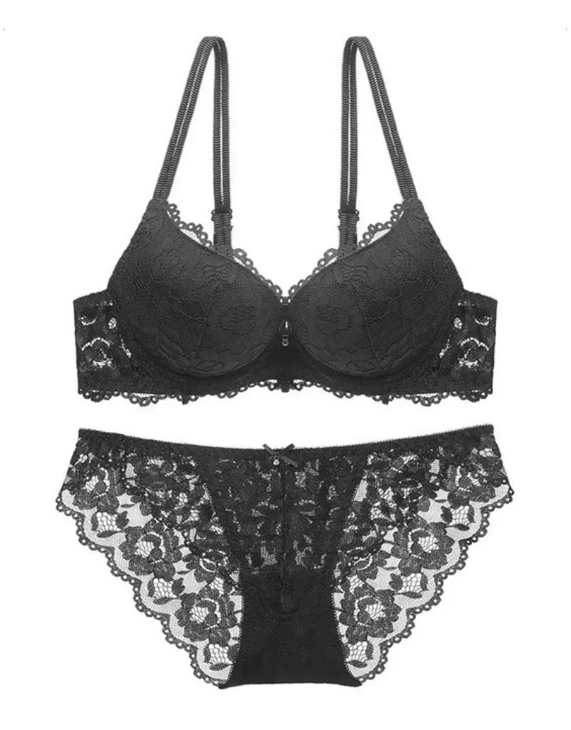 Women's Underwear Set Sexy Hollow Lace Floral Bow Padded Push up Bra Suitable for Small Busts Sexy Bras and Panties