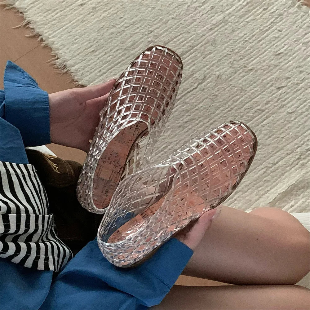 Women's New Flat Sandals with Hollow Transparent Color Mesh Jelly Shoes Woman Daily Walking Flats Plus Size 41 Soft PVC Footwear