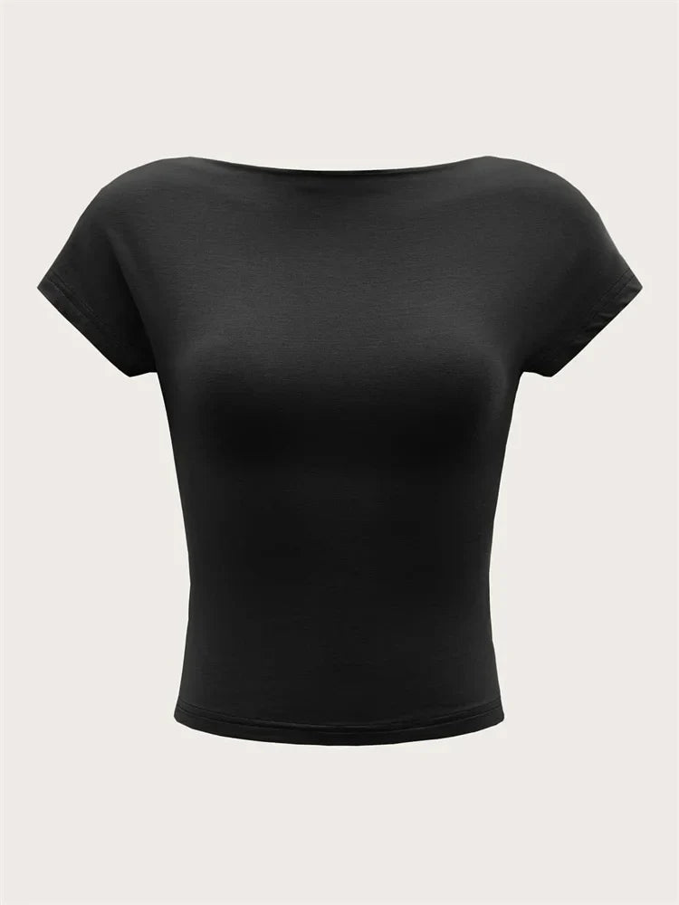 Women's O-neck Backless T-shirt Short Sleeve Solid Color Crop Top Summer Cute Baby Tee Y2K Clothes Bodycon Tunics Fashion Tank