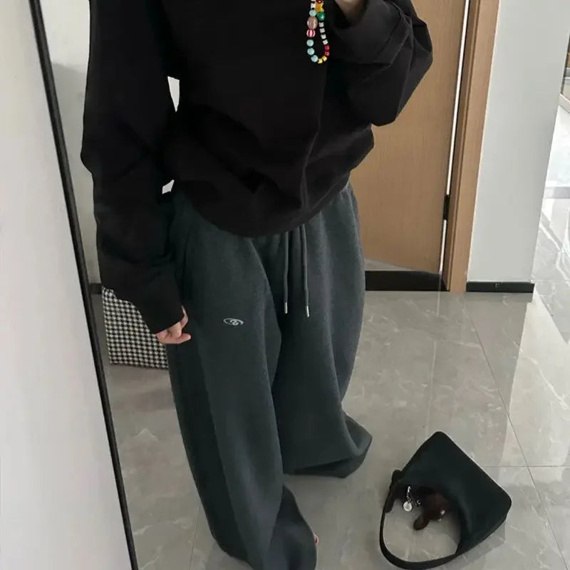 American Retro Hip-Hop Oversized Woman Black Casual Sweatpants Korean Streetwear Loose Jogging Pants High Waist Wide-Leg Pants