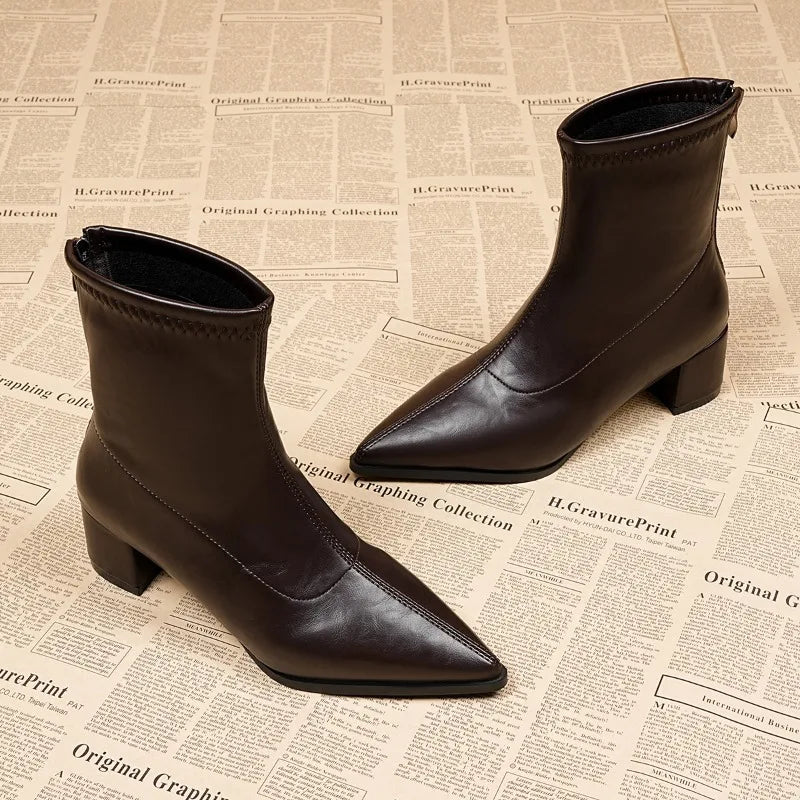 Fashion Vintage Thick Heels Women Slim Ankle Boots Autumn Winter Pointed Toe Stripper Party Short Booties Zapatos De Mujer
