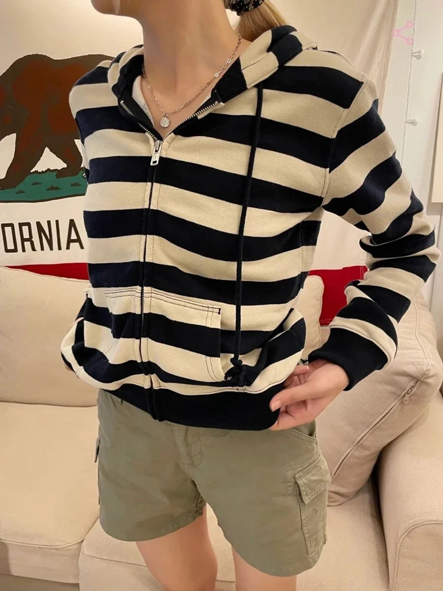 Stripes Vintage Zip-up Hoodie Woman Drawstring Hooded Long Sleeve Cotton Coat Casual Preppy Style Sweet Cute Hoodies Top Clothes