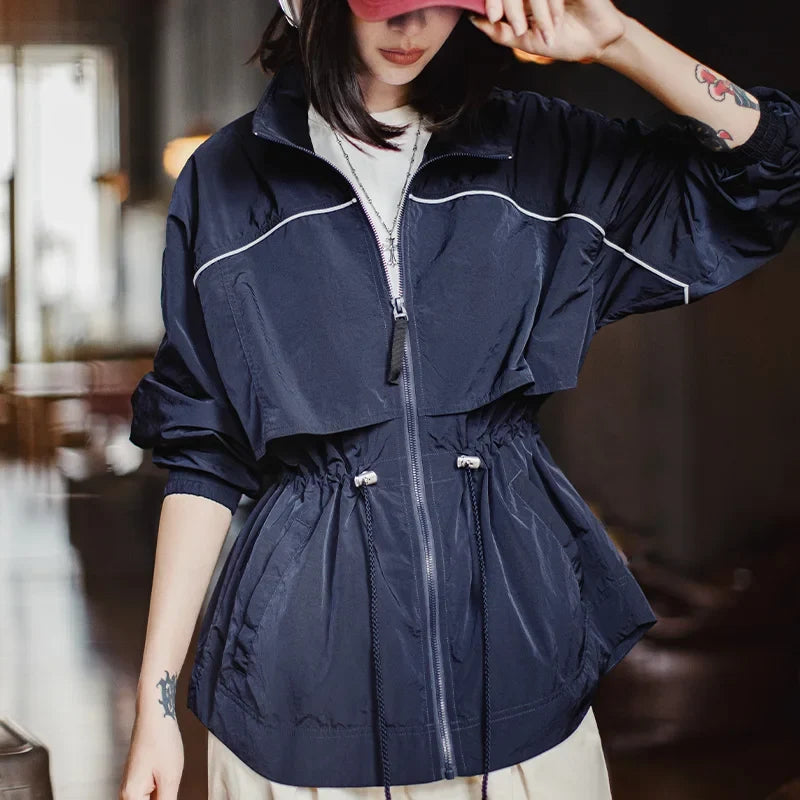 Maden Women's Lightweight Stand Collar Short Windbreaker Jacket Navy Blue Contrast Parka with Waist Cinching for Spring and Fall