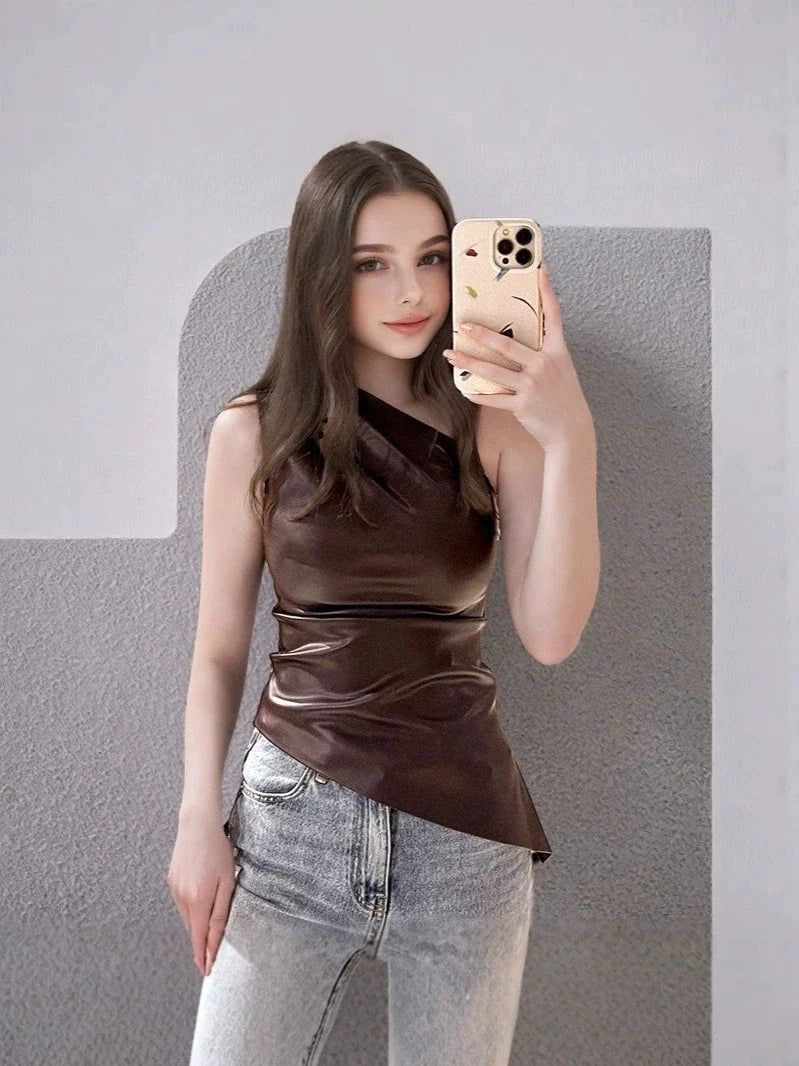 2024 Fall Snd Winter New Pure Color Slim Sleeveless One-Shoulder Slanting Collar Zipper Show Thin Jacket