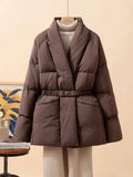 New Fashion Temperament Cotton Coat Women Winter Warm Solid Color V-neck Gathered Waist Jacket Coats Parkas with Belt
