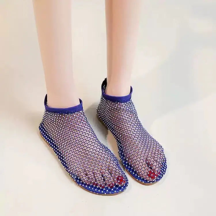 Luxury brand Women's New Round Toe Flat Bottom Slippers Hollow Short Boots Water Diamond Sexy Flat Bottom Banquet  Sandals