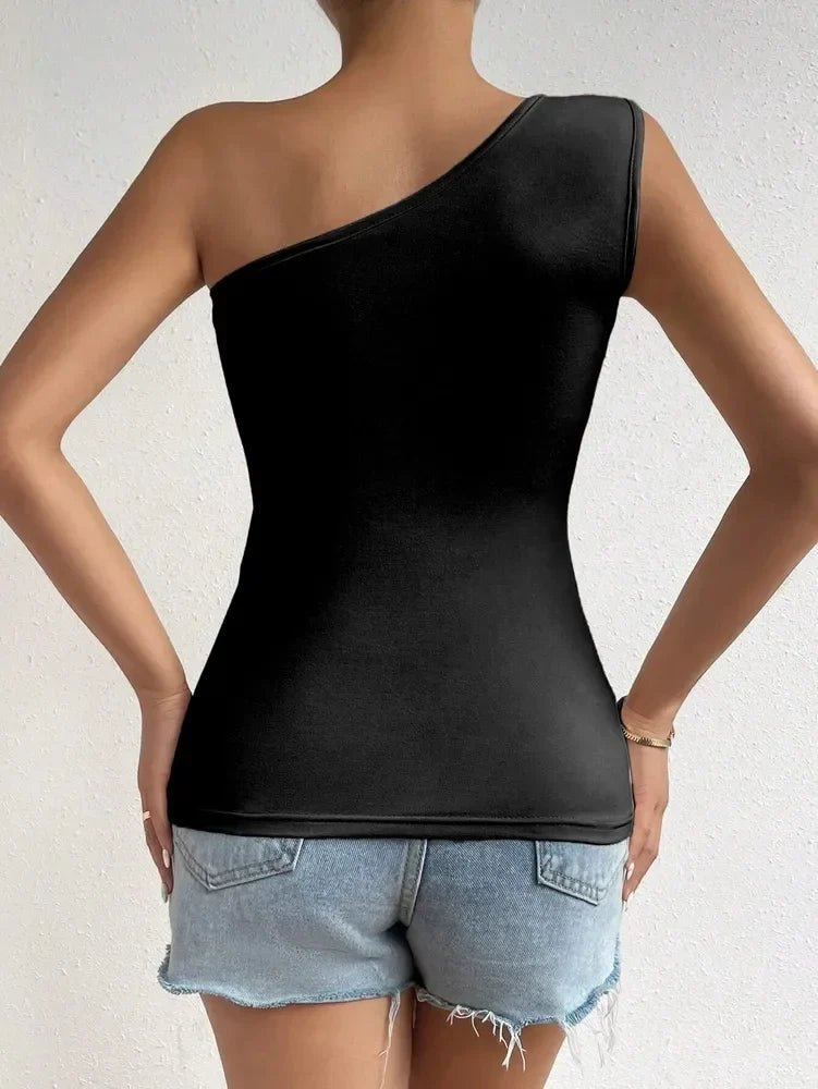 Women One Shoulder Pleated Tank Top Summer Solid Sleeveless Ruched T-shirt Streetwear Off the Shoulder Top