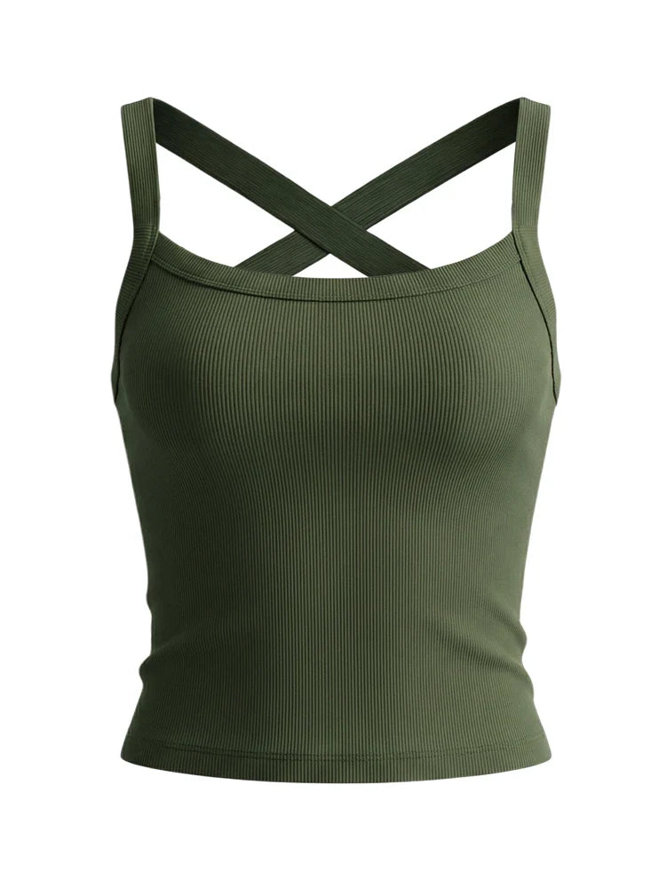 Low-Neck Vest Women Cross Shoulder Strap Solid Skinny Stretch Sexy Midnight Hottie Beach Party Sporty Basis Tops