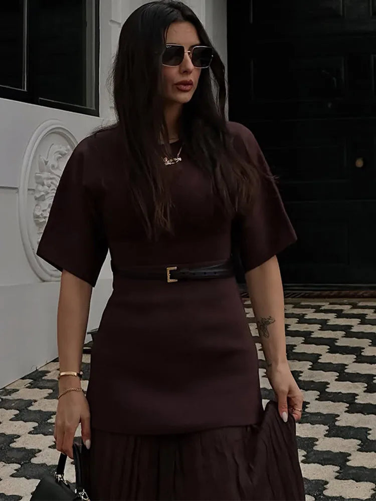 2025 Chic Splicing Brown Half Sleeve Maxi Dress Women's Casual Pleated A-line Slim Vestidos Female Office Commute Street Robes
