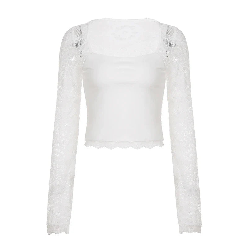 SUCHCUTE Lace-trimmed Patchwork Long-sleeve Tees Women Square Neck See-through Back Top Y2k Aesthetic 90s Sexy T-shirts Vintage