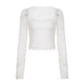 SUCHCUTE Lace-trimmed Patchwork Long-sleeve Tees Women Square Neck See-through Back Top Y2k Aesthetic 90s Sexy T-shirts Vintage