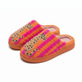 Ins-Style Cute Color-Block Embroidered Winter New Striped Leopard Print Plush Slippers for Women, Indoor Non-Slip Warm Plush Shoes, a Top Choice for Holiday Gifts