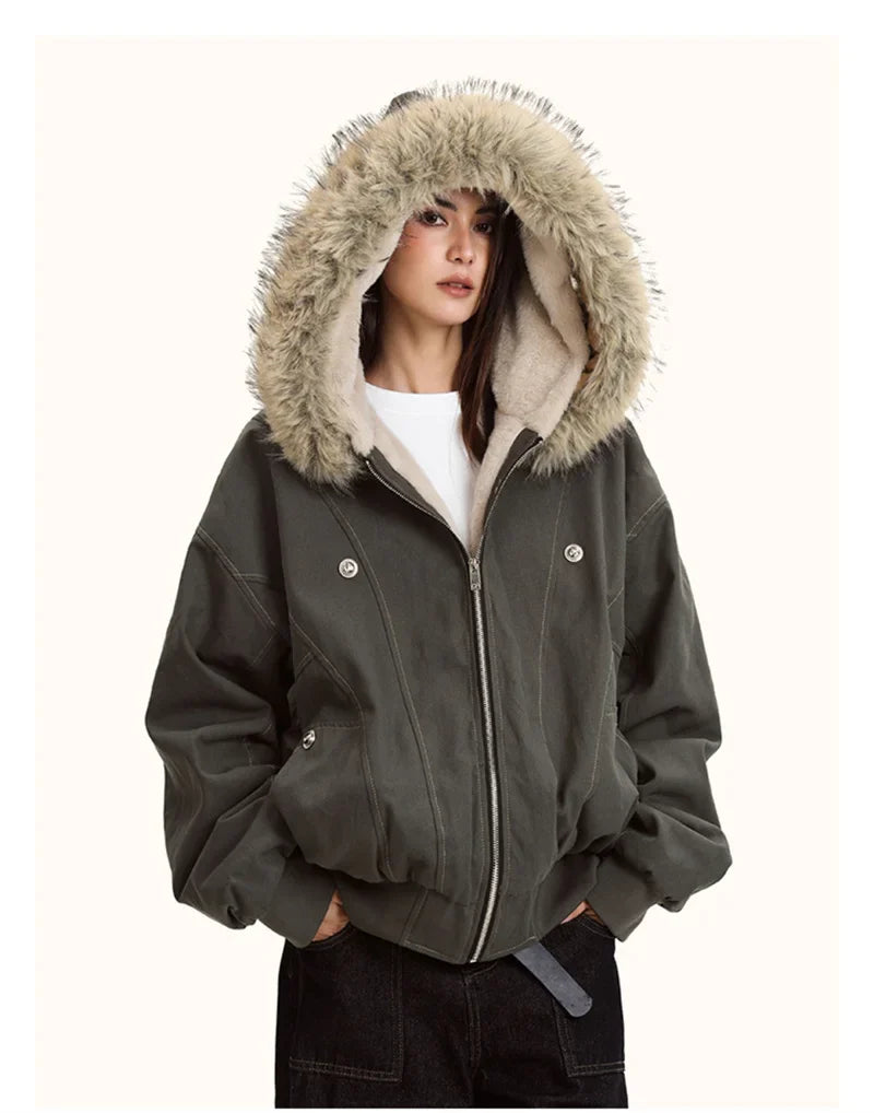 ZAROY Fur Collar Hooded Parkas Y2k Harajuku Thicken Padded Jackets Casual Zipper Gothic Women&Men Winter Coats Streetwear кур