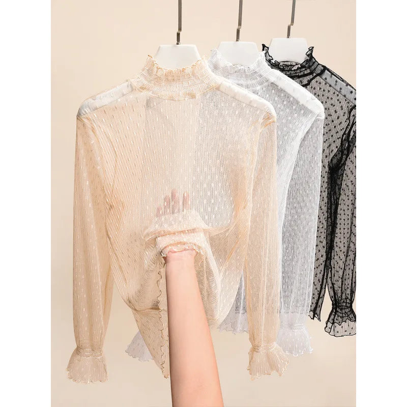 Bella Philosophy Women High Collar Mesh Perspective Blouse Summer Thin See Through Slim Bottoming Lace Long Flare Sleeved Tops
