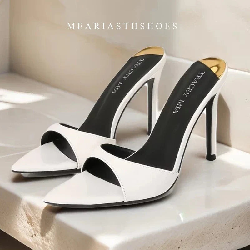 Ladies High-heeled Slippers Shoes Fashion Pointed Sexy Patent Leather Women with Open Toes and Party Wedding Stripper Sandals.