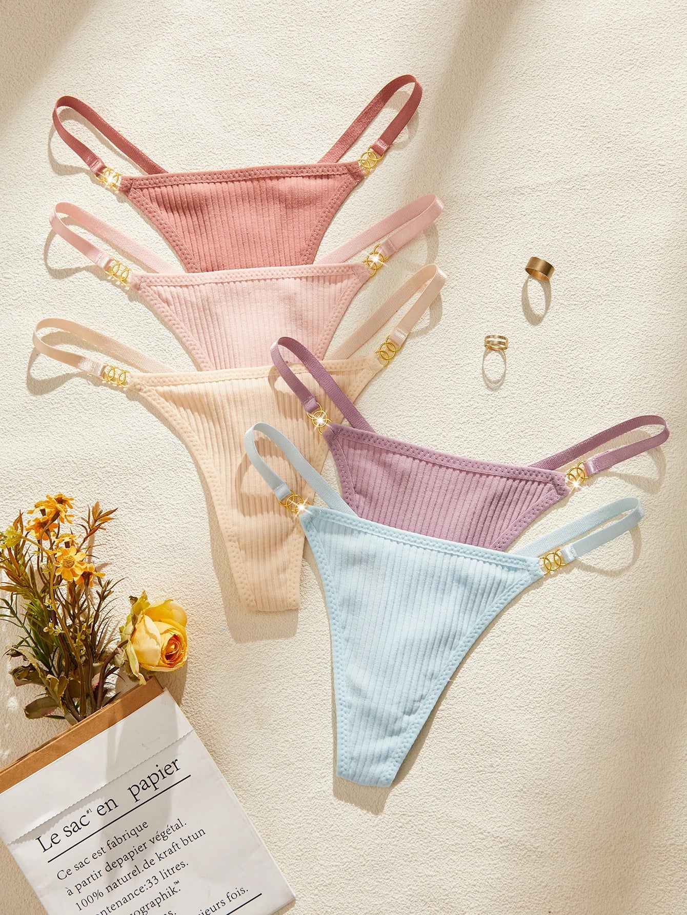 5Pcs/Set Sexy Women Panties Solid Ribbed G‑String Thong Metal Ring Soft Female Sexy Lingerie Underwear