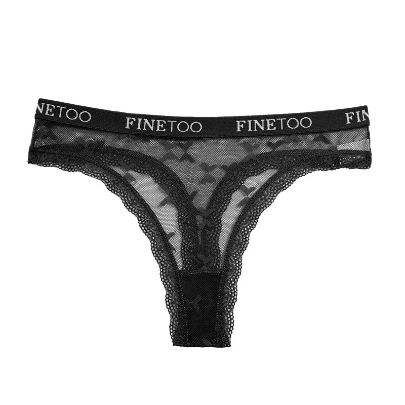 FINETOO Women Sexy Lace Low-Rise Thongs Letter Waist Transparent G-String Ladies Seamless Lingerie Hollow Out Perspective T-Back