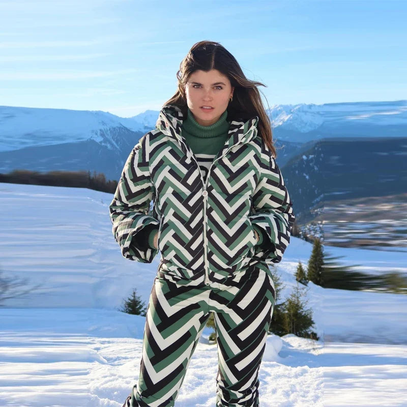 Camouflage Stripes Ski Wear Jumpsuit Sets High Collar Windproof Hooded Puff Jacket Warm Pant 2026 New Lady Snow Sportwears