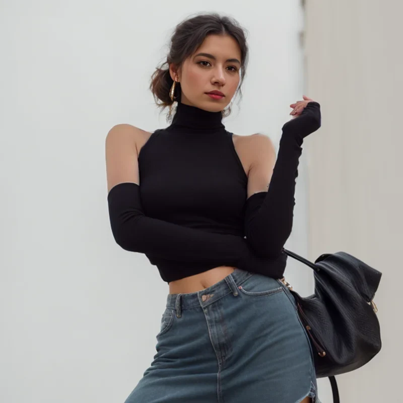 Woman Clothes Fall 2025 Tank Top Sleeve Cover Sleevless Side Pleats Turtleneck T-shirt  Sexy Ribbed Knitted Tops Y2k 2529