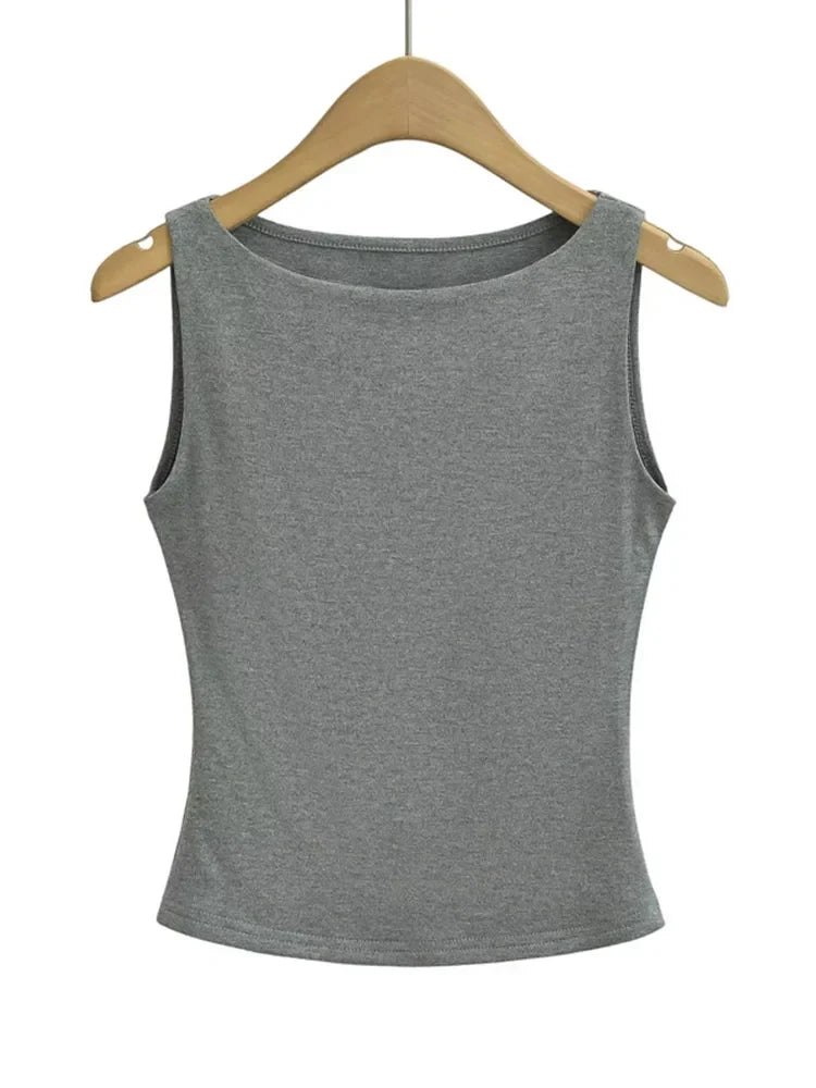 Women Double Layer Boat Neck Soft Slinky Tank Top