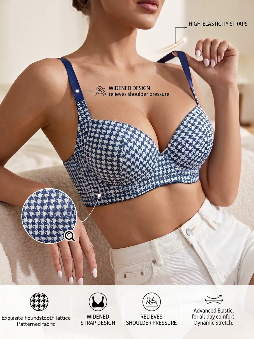 Women's Houndstooth Print Push-Up Bra Wide Elastic Straps Underwear Underwire Side Smoothing & Supportive Bra Women