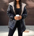 Women Fleece Lined Hooded Quilted Coat Diamond Grid Puffer Jacket Warm Sherpa Lining Zip Up Mid Length Winter Outerwear Parka