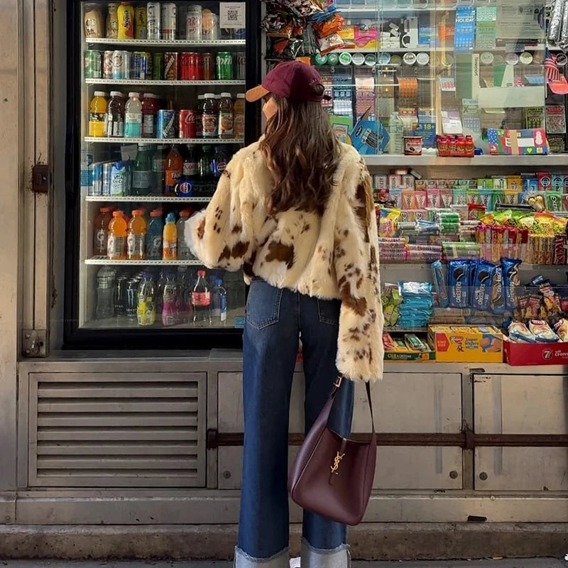 Neo Mint Chic Street Girls Cow Print Fur Coat Women 2025 Winter New Brand Fashion Warm Faux Fur Jacket Autumn Iconic Streetwear