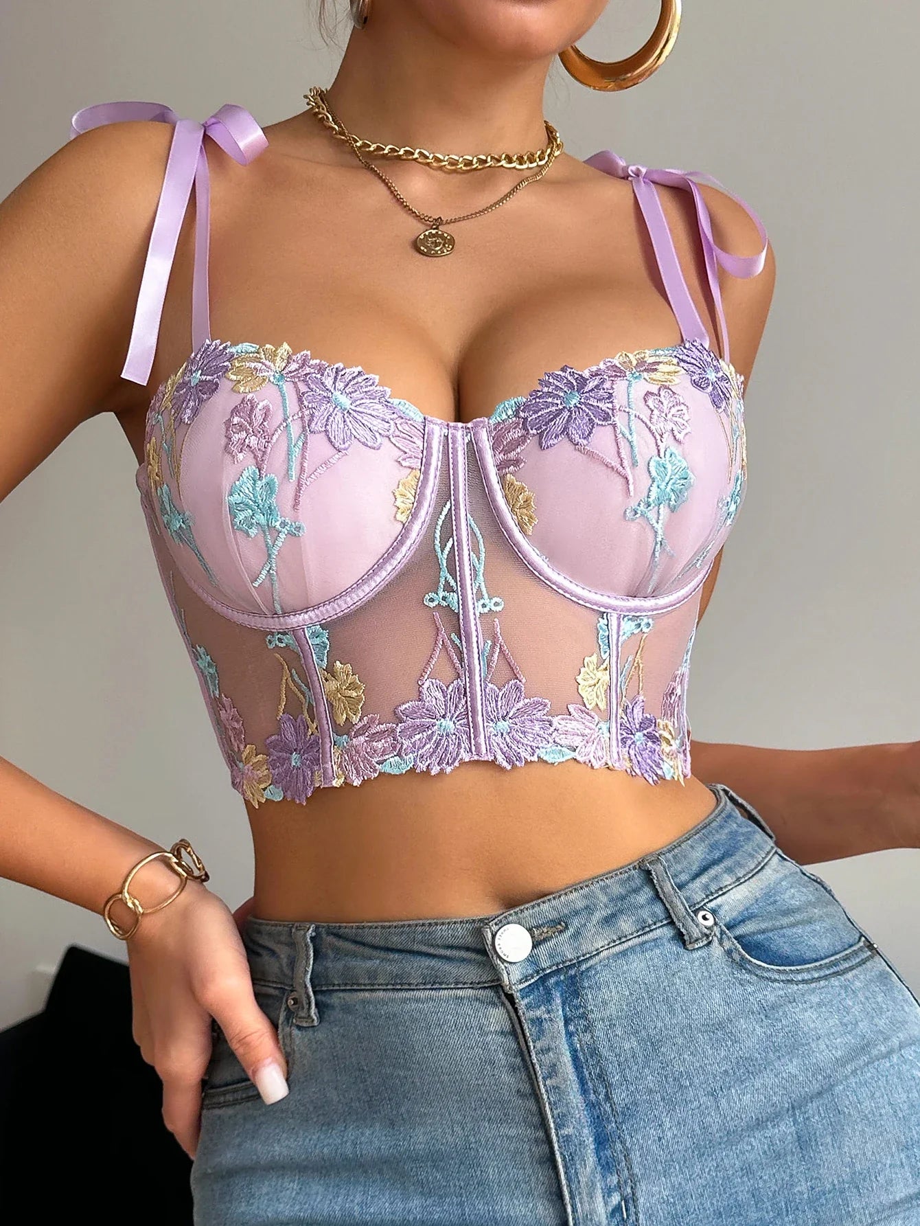 1Pcs Women's Sexy Bra Mesh Bustier Crop Top Floral Embroidery Push up Bra Hollow Out Lace Ladies' Underwear