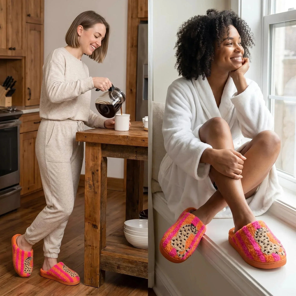 Ins-Style Cute Color-Block Embroidered Winter New Striped Leopard Print Plush Slippers for Women, Indoor Non-Slip Warm Plush Shoes, a Top Choice for Holiday Gifts