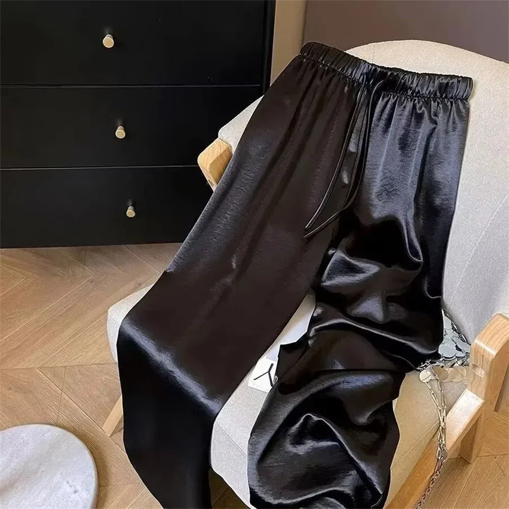 Korean Fashion High Waist Thin Wide Leg Women Summer Office Lady Solid Color Straight All-match Casual Pants Trousers Clothes