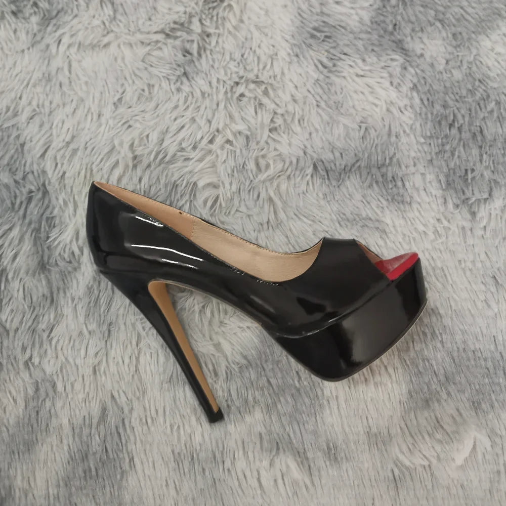 Women Pumps Sexy Platform Peep Toe 14cm Extremely Thin High Heels Stiletto Patent Leather Fashion Party Nighclub Wedding Shoes