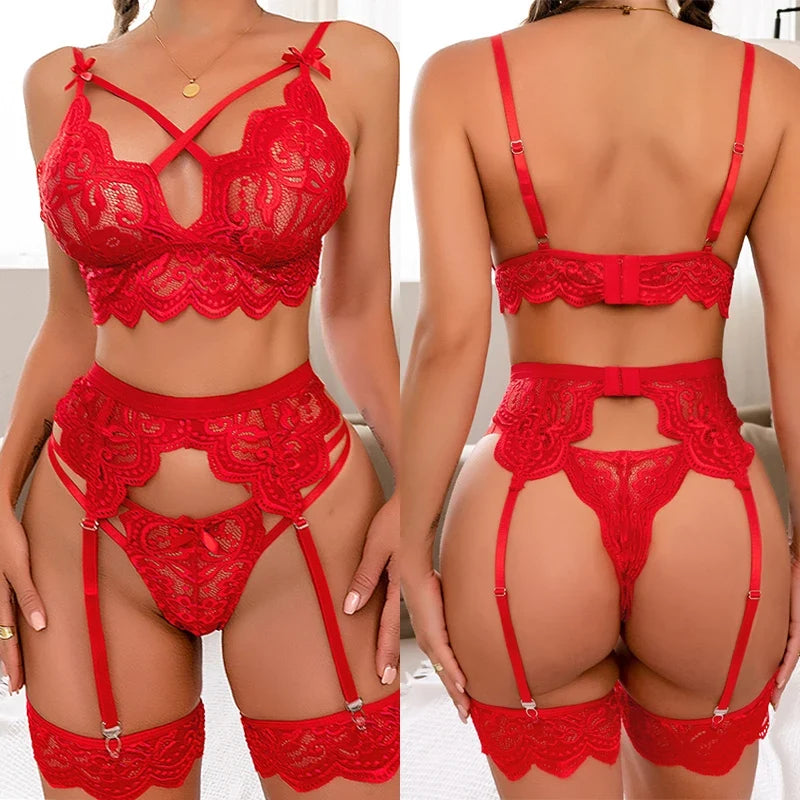 Sexy Lingerie Woman Sex Bra Set And Garter Lingerie Lace G-String Seamless Bralette Panty Female Underwear Erotic Sleepwear Set