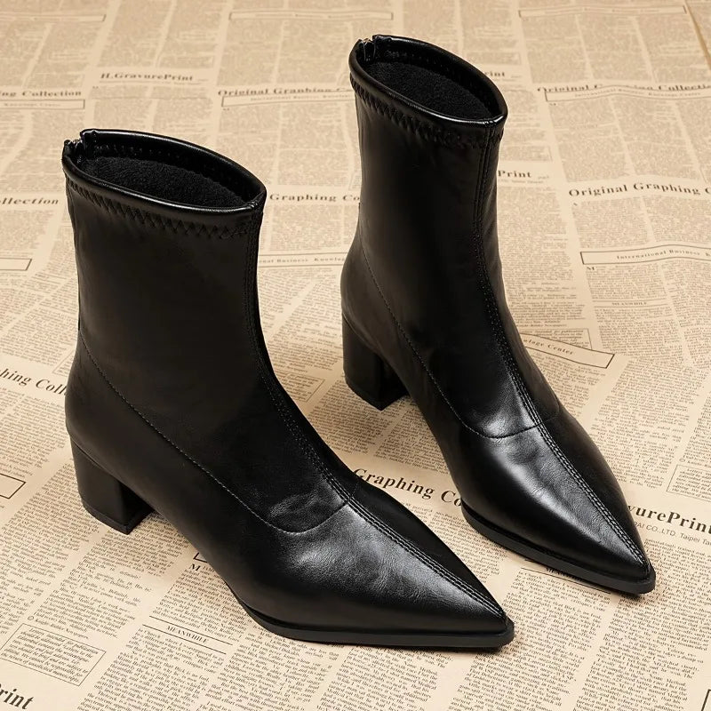 Fashion Vintage Thick Heels Women Slim Ankle Boots Autumn Winter Pointed Toe Stripper Party Short Booties Zapatos De Mujer