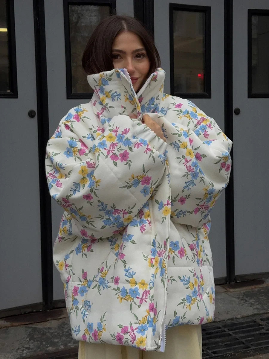 Yaminiya Fashion Thicken Women Puffer Jacket Oversize Stand Up Collar Zipper Floral Print Warm Cotton Filled Coat Autumn Winter