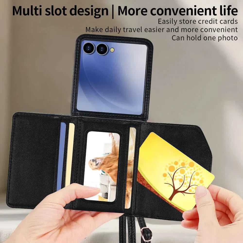 VIETAO Luxury Soft PU Leather Wallet Phone Case for Galaxy Z Flip 7/6/5/4/3 with Crossbody Strap - Durable Protective Cover