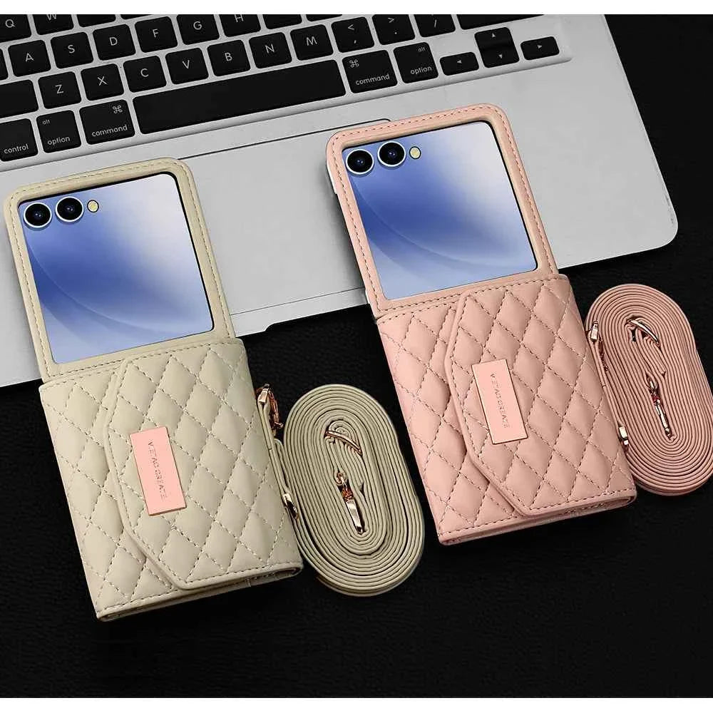 VIETAO Luxury Soft PU Leather Wallet Phone Case for Galaxy Z Flip 7/6/5/4/3 with Crossbody Strap - Durable Protective Cover