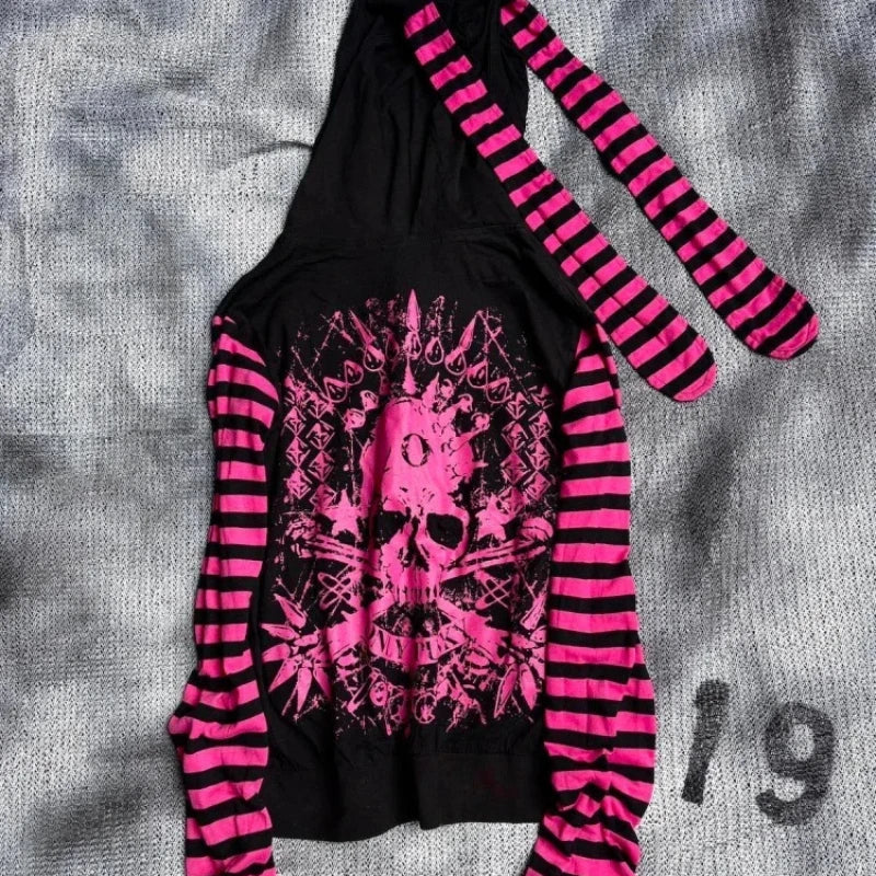 2026 Dark Pink Black Punk Skeleton Printed Striped Sleeve Hoodie Street Style Women's Zipper cardigan Wholesale