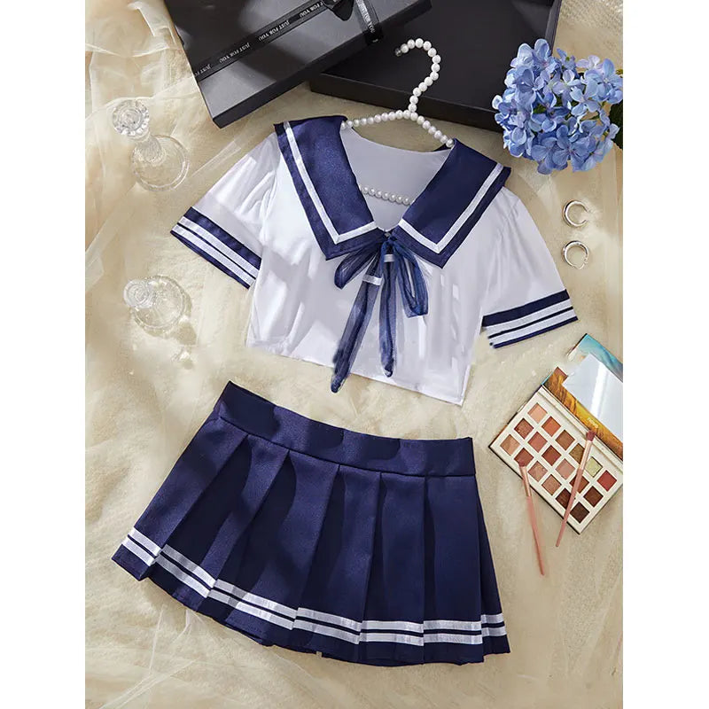 A Set Women Pajama Sexy Lingerie Pyjamas , Crop Top And Shorts ,JK Mini Skirt Tight Blouse Set ,Women Sleepwear Sets