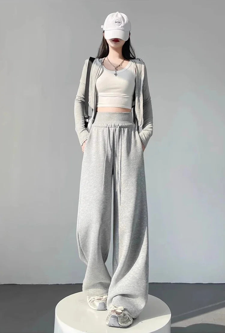Women's gray sports high waist hanging loose slimming straight leg wide leg pants American sweatpants.