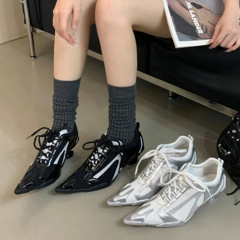 Silver Lace-up Sports Heels Women Fashions Pointed Toe Strange Style Mesh Sneakers Elegant Punk Shoes Female Luxury Brands Pumps