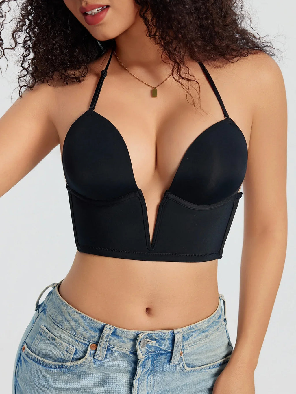 Invisible Women's Dress Bra Deep V Plunge Backless Adjustable Straps and Silicone Adhesive Patches Push-Up Strapless Bra Shapewear