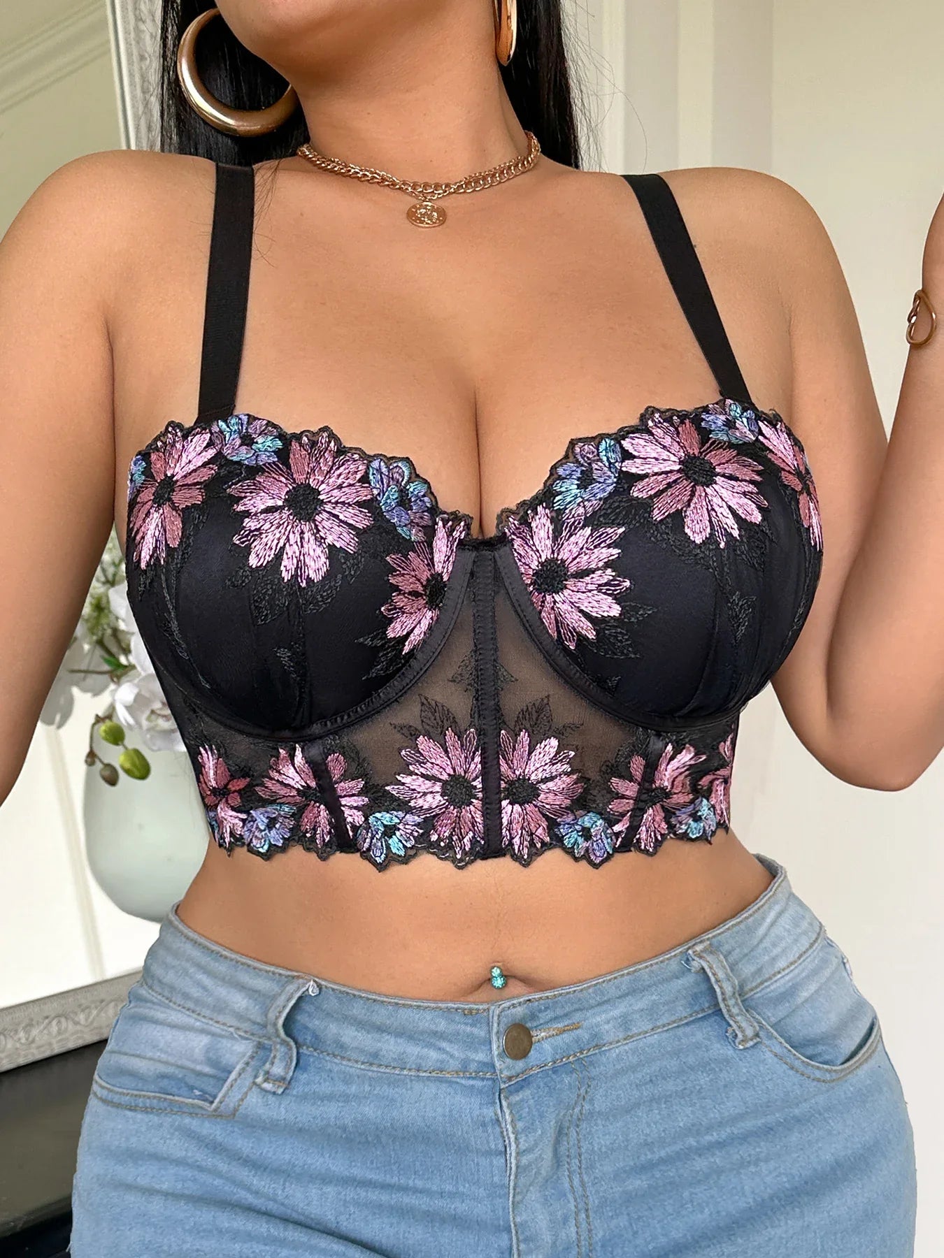 Plus Size Women Bra Floral Lace Patchwork Embroidery Thin Cup Push up Bra Comfortable Underwire Shapewear Bra for Women