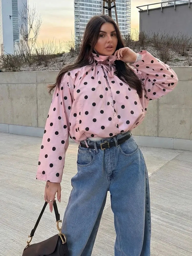 HH Women Elegant Fashion Polka Dot Pink Jacket Single Breasted High Collar Drawstring Coat Spring Lady Trend Street Outwear