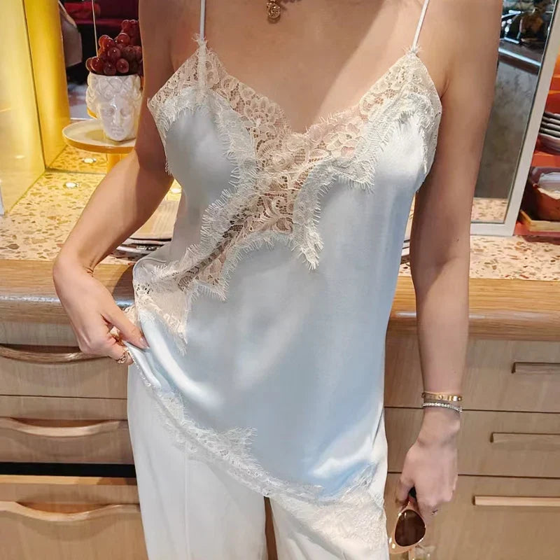 HXAO Y2K Asymmetrical Slip Lace Top Women Sexy Tanks & Camis Satin Off Shoulder Sleeveless Backless Tops Street Style Camisoles