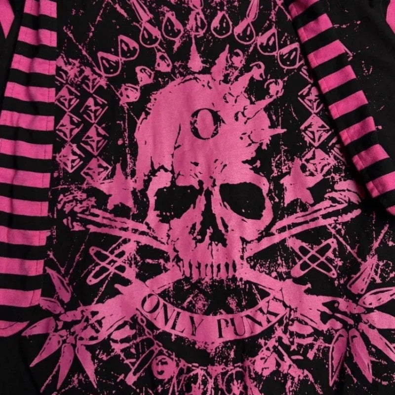 2026 Dark Pink Black Punk Skeleton Printed Striped Sleeve Hoodie Street Style Women's Zipper cardigan Wholesale